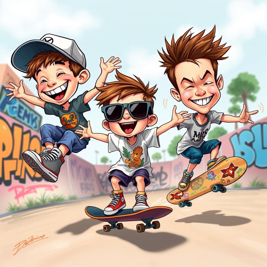 A vibrant caricature featuring three kids skateboarding, showcasing their personalities and playful energy