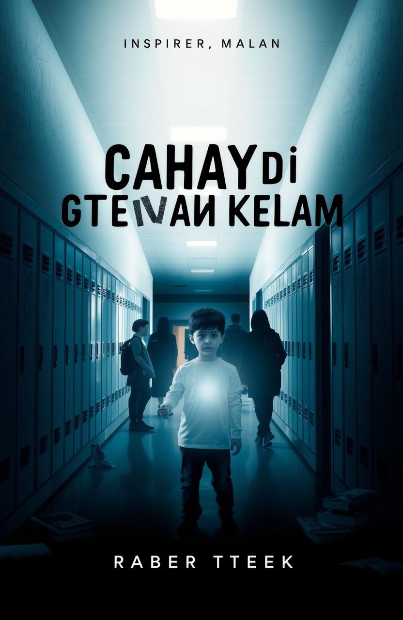A captivating book cover design for a novel titled 'Cahaya di Tengah Kelam', depicting a high school setting focused on the theme of bullying