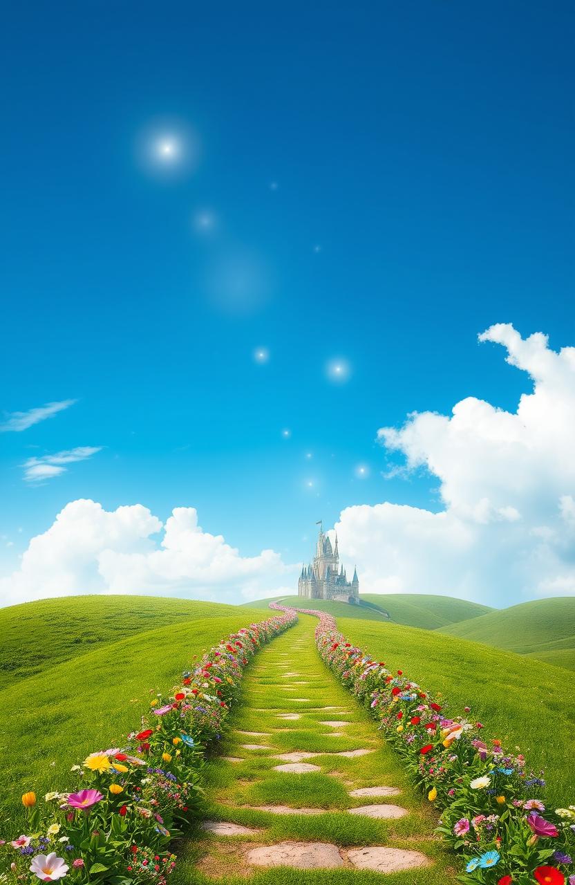 A mystical landscape representing the journey towards dreams, featuring a serene pathway winding through lush green hills under a bright blue sky