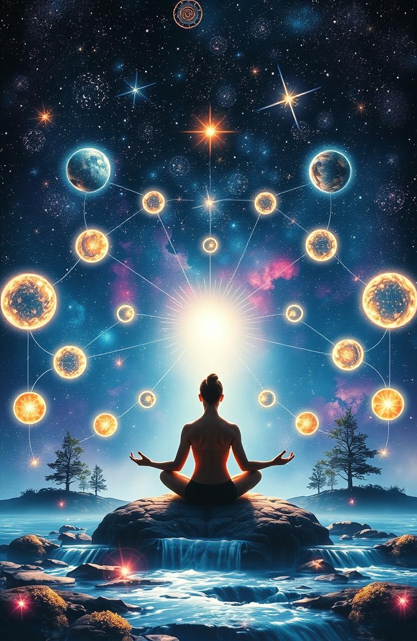 A visually stunning representation of the law of attraction, featuring a vibrant cosmic background filled with stars and galaxies