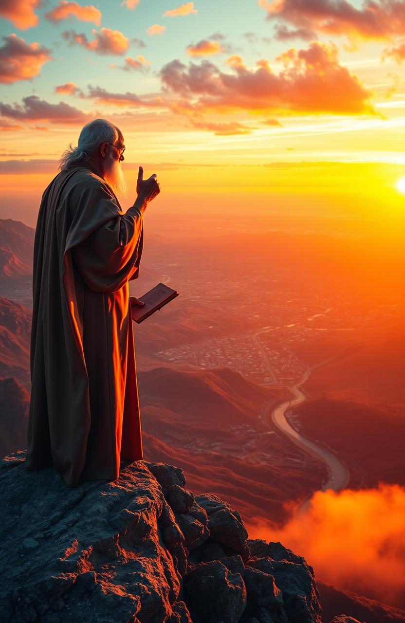 A stunning visual representation of the concept of mastery, featuring an elegant, wise figure standing on a mountain peak
