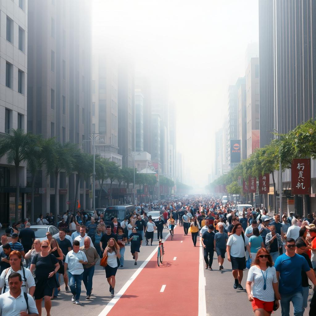 A bustling city street scene depicting numerous people walking and interacting in a lively urban environment