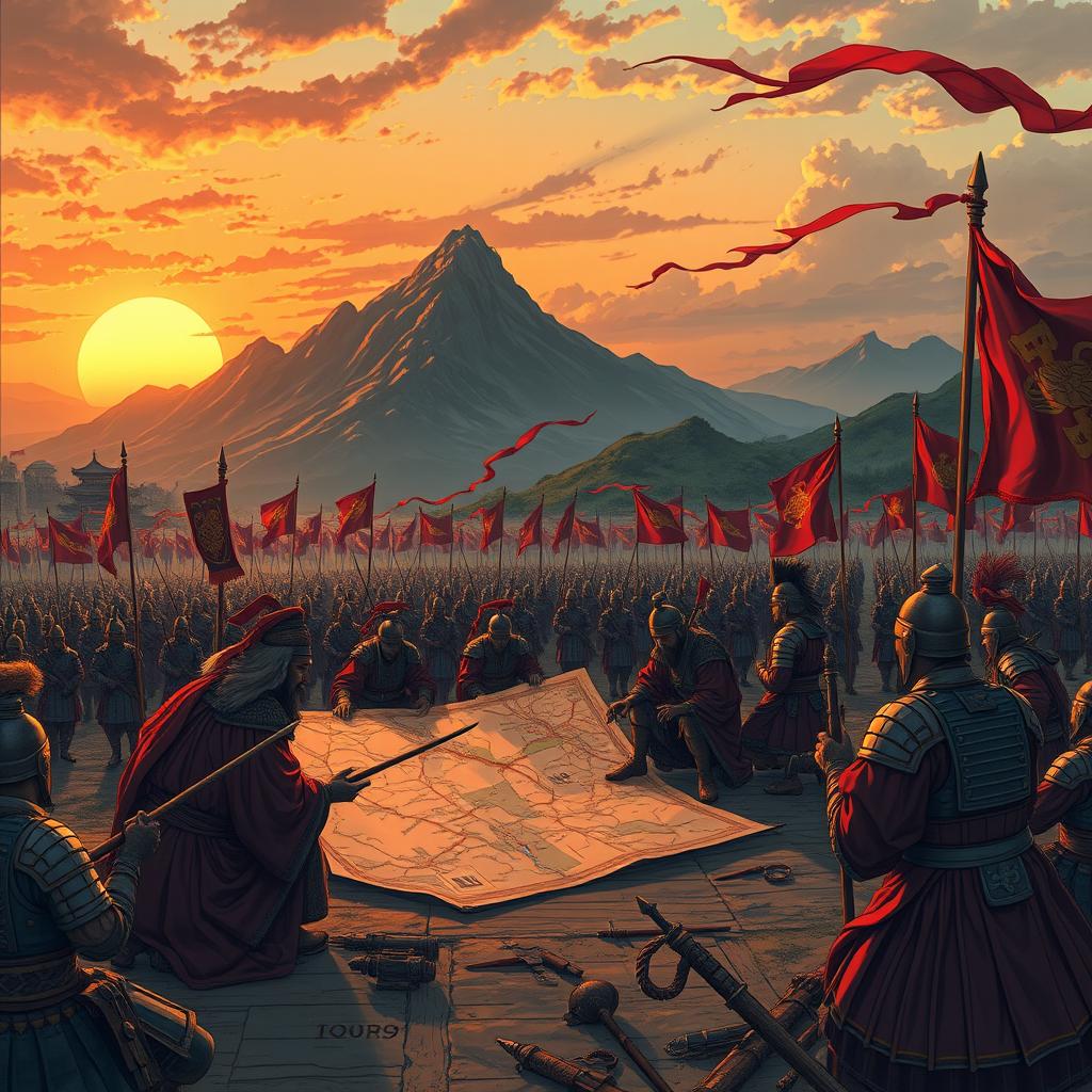 An intricately detailed and dramatic illustration inspired by Sun Tzu's 'The Art of War', depicting a historic battlefield with generals strategizing over a map, soldiers in ancient armor positioning themselves, and vibrant banners fluttering in the wind