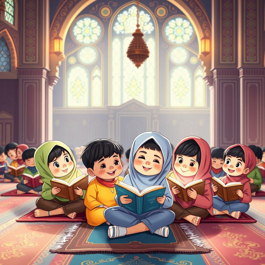 A heartwarming illustration of Muslim children reading the Quran in a mosque, depicted in a cute, cartoon style