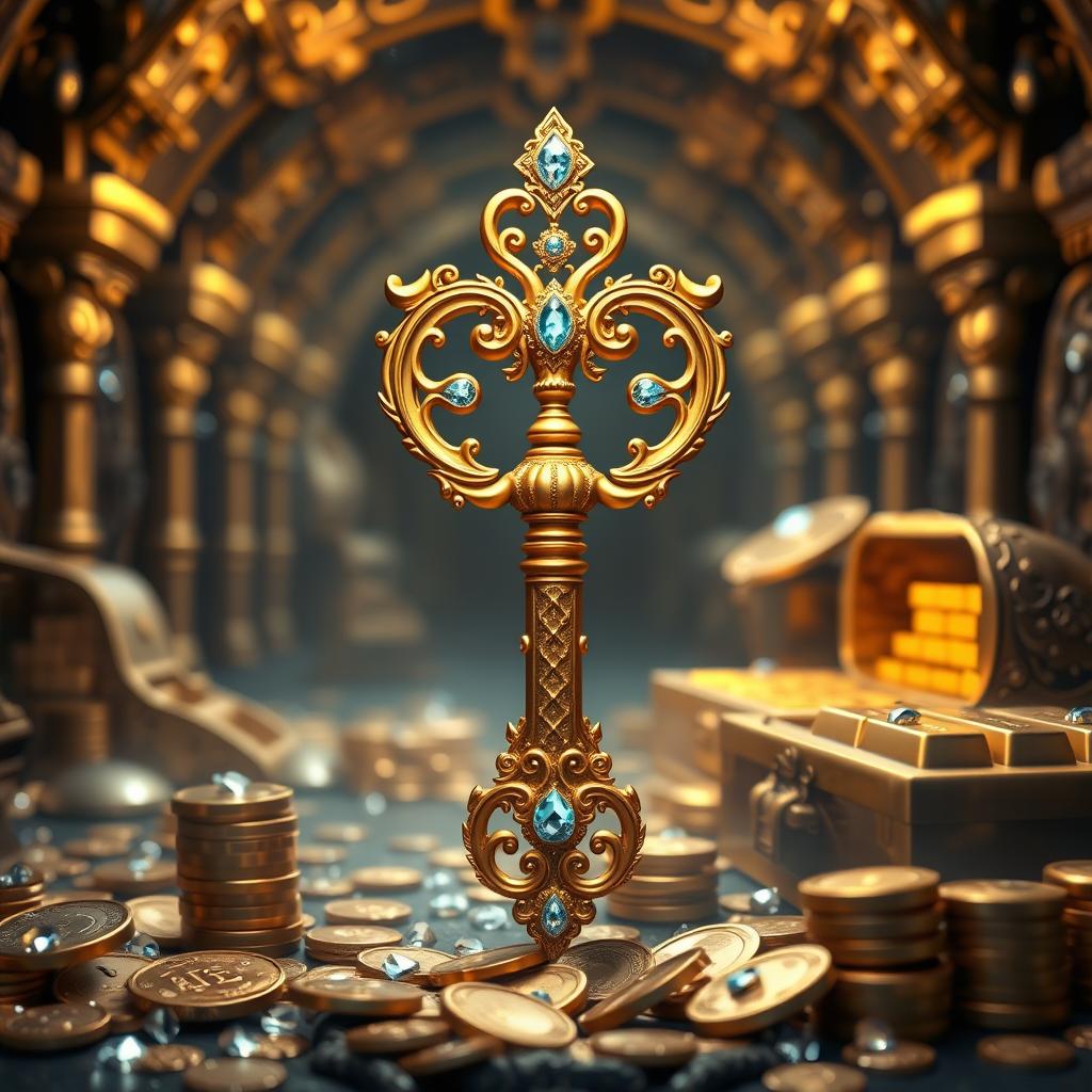 A visually stunning representation of a golden key, intricately designed, symbolizing wealth and prosperity, surrounded by shimmering coins and dazzling jewels, emanating a sense of luxury and abundance