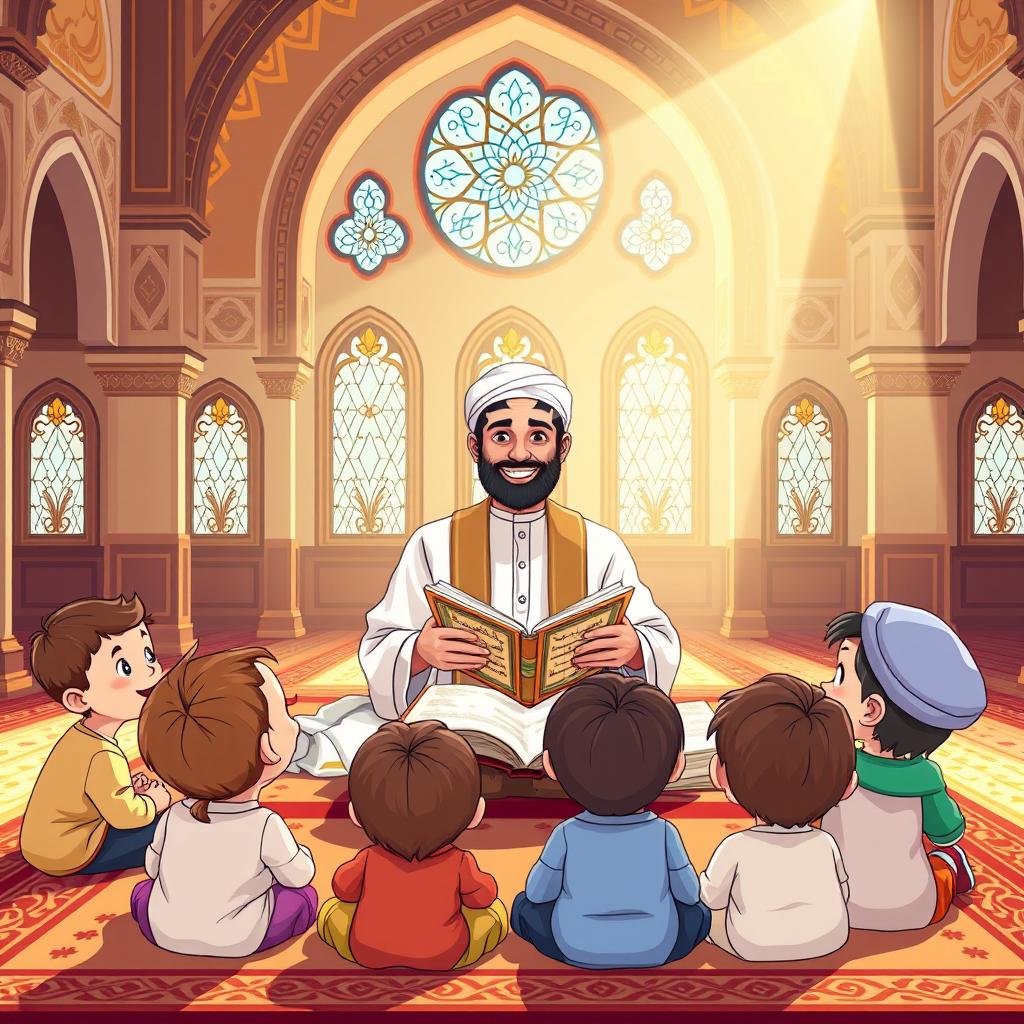 A cheerful illustration of a Muslim man teaching the Quran in a mosque, surrounded by a group of cute children sitting attentively in front of him