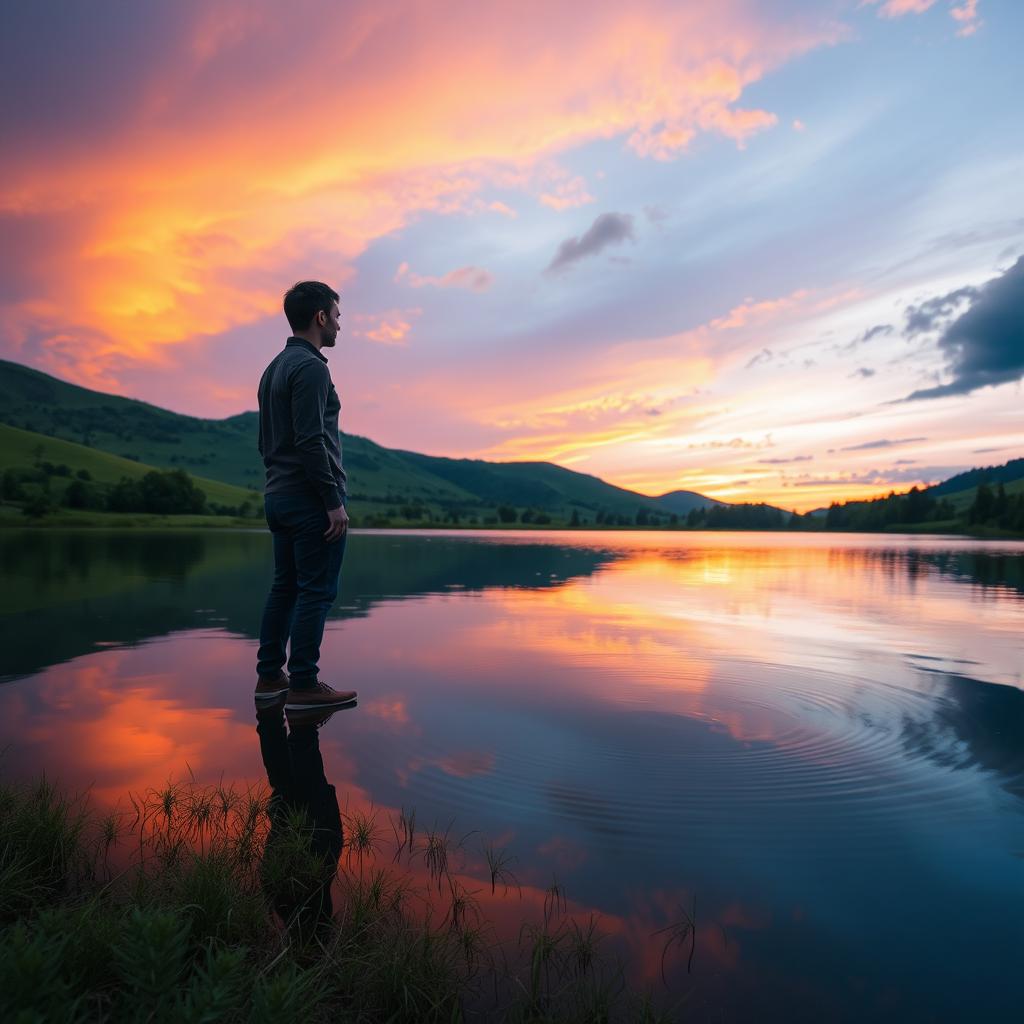 A surreal and introspective self-portrait depicting a person standing in a peaceful, serene landscape