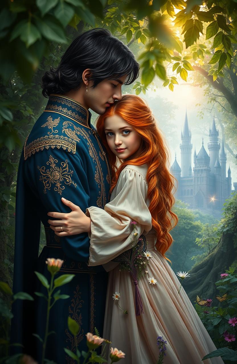 A romantic fantasy book cover featuring a dark-haired prince gently hugging a ginger-haired girl in a lush, enchanted forest