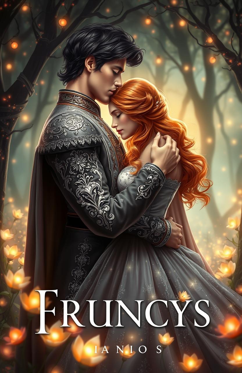 A fantasy book cover featuring a dark-haired prince tenderly hugging a ginger-haired princess, their faces close as if they're about to kiss