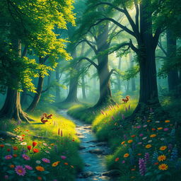 A vibrant, enchanting forest scene with lush greenery, tall trees with rich foliage, and dappled sunlight streaming through the leaves