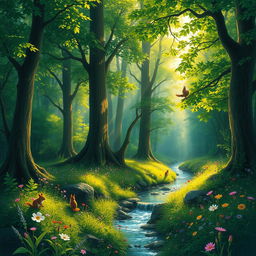A vibrant, enchanting forest scene with lush greenery, tall trees with rich foliage, and dappled sunlight streaming through the leaves