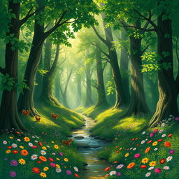 A vibrant, enchanting forest scene with lush greenery, tall trees with rich foliage, and dappled sunlight streaming through the leaves