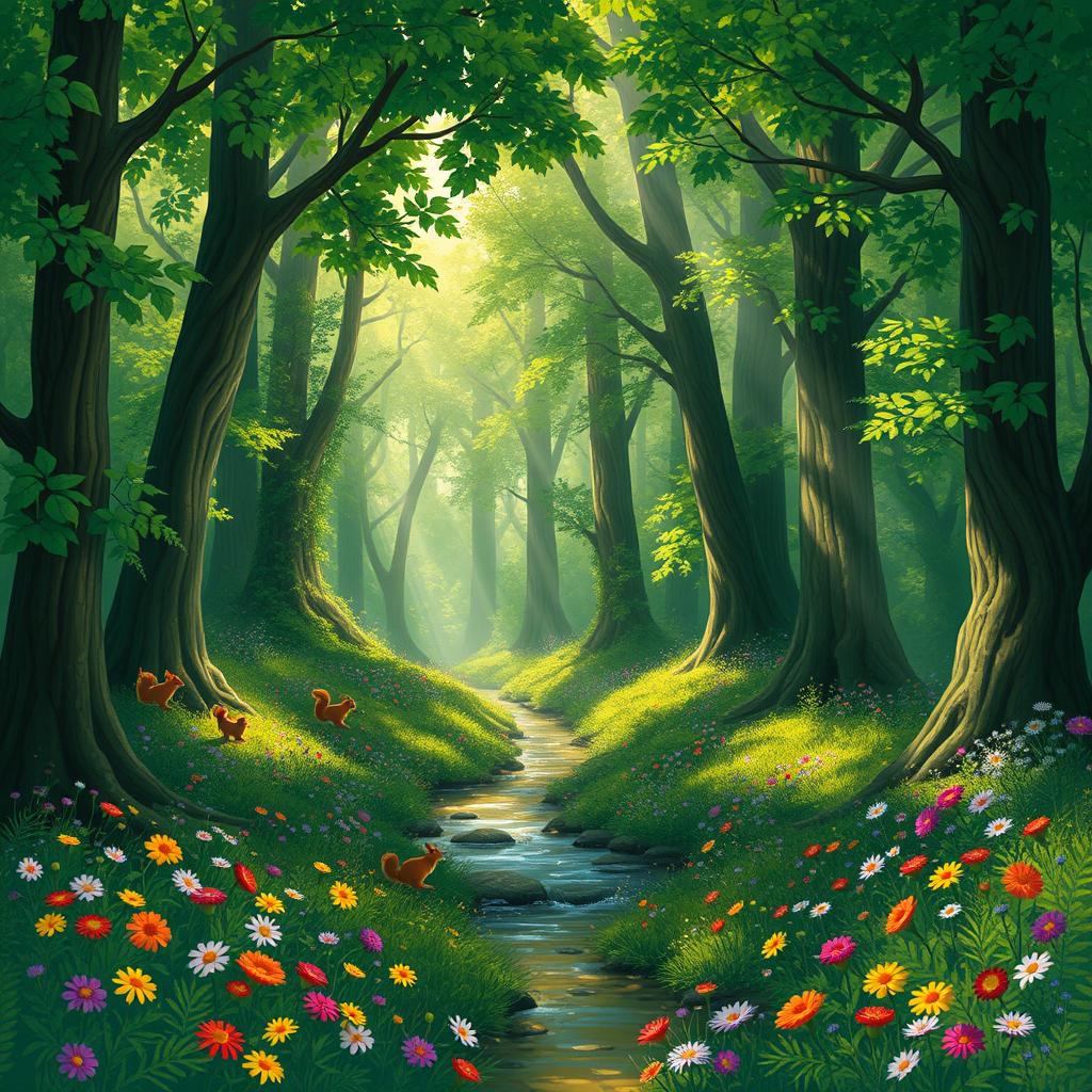 A vibrant, enchanting forest scene with lush greenery, tall trees with rich foliage, and dappled sunlight streaming through the leaves