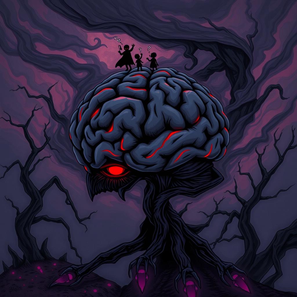 A detailed illustration of a stylized brain surrounded by dark, swirling mist symbolizing corruption and temptation