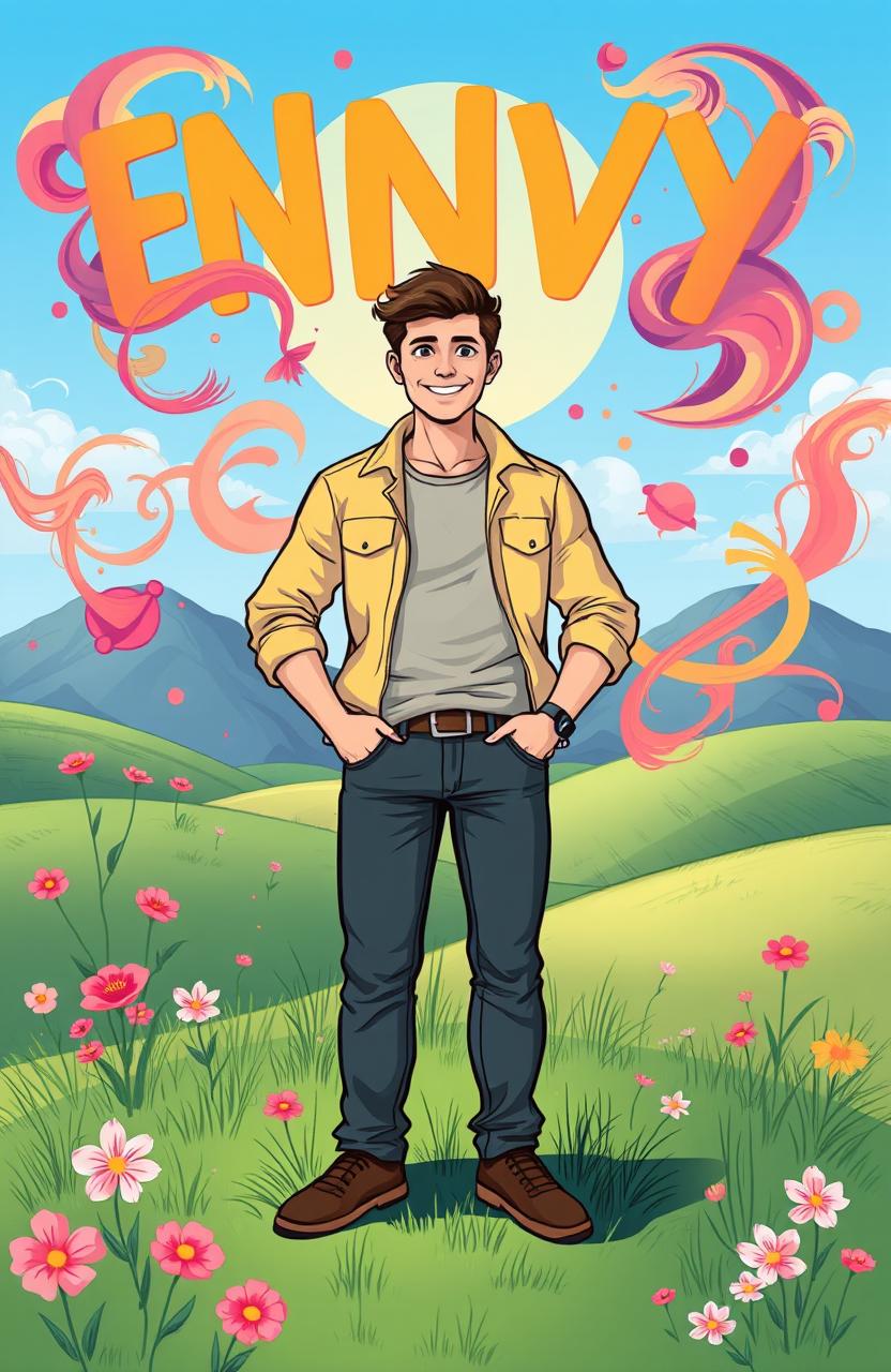 A vibrant and colorful illustration depicting a person standing confidently at the center of a serene landscape, surrounded by abstract representations of envy and negativity dissolving around them