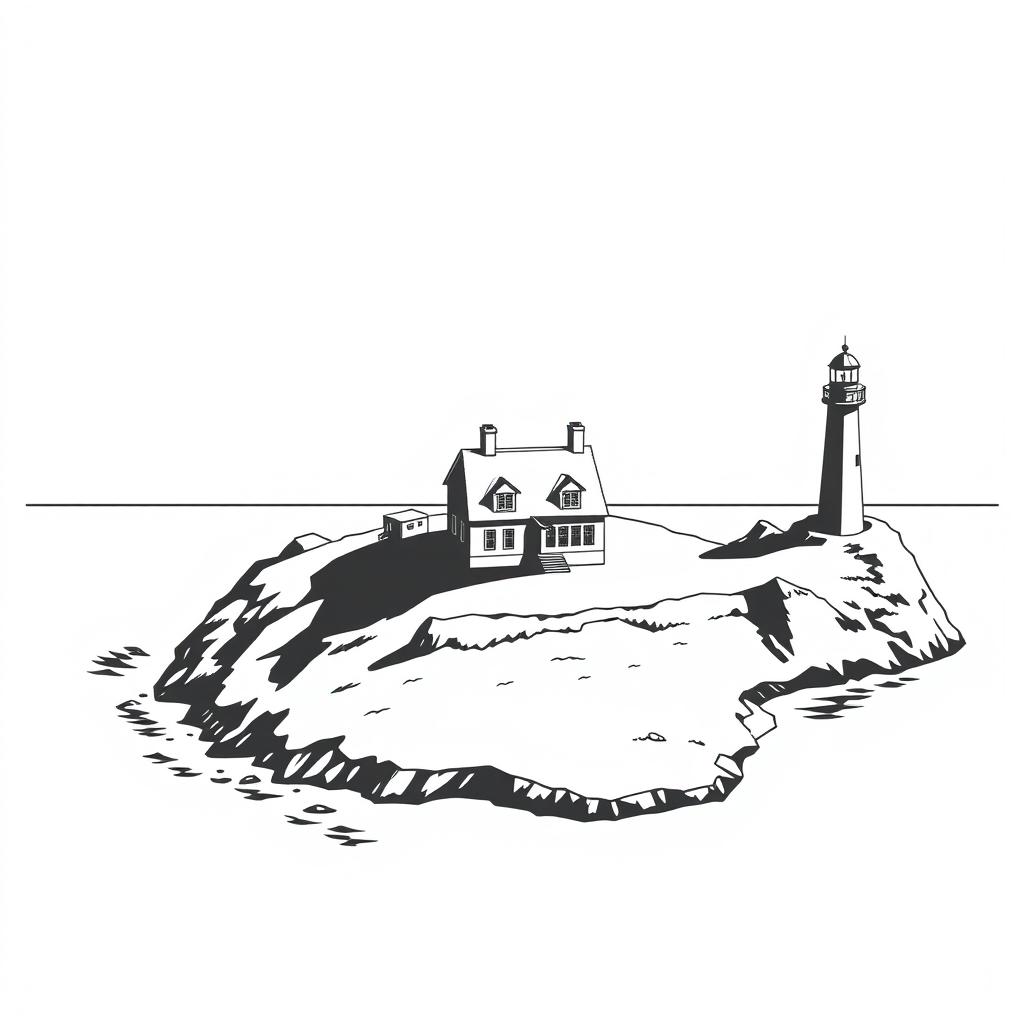 A black and white design plan suitable for police use, featuring a detailed layout that includes a house, two watchtowers, the sea, and a lighthouse
