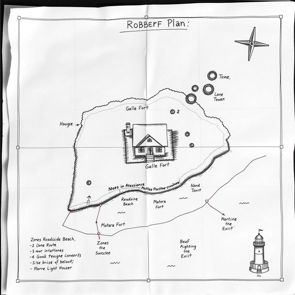 A black and white drawing plan depicting a robbery by a thief, showcasing a detailed layout that includes one house, two watchtowers named "Galle Fort" and "Matara Fort", a roadside beach, and a lighthouse