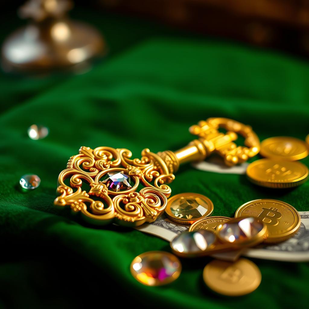 A beautifully designed golden key, ornate and intricate, lying on a bed of green velvet fabric