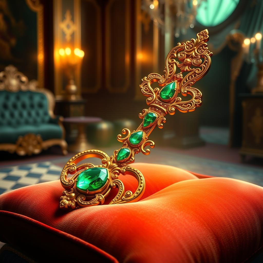 A majestic, ornate key that symbolizes prosperity, intricately designed with gold and emerald details, surrounded by a glowing aura
