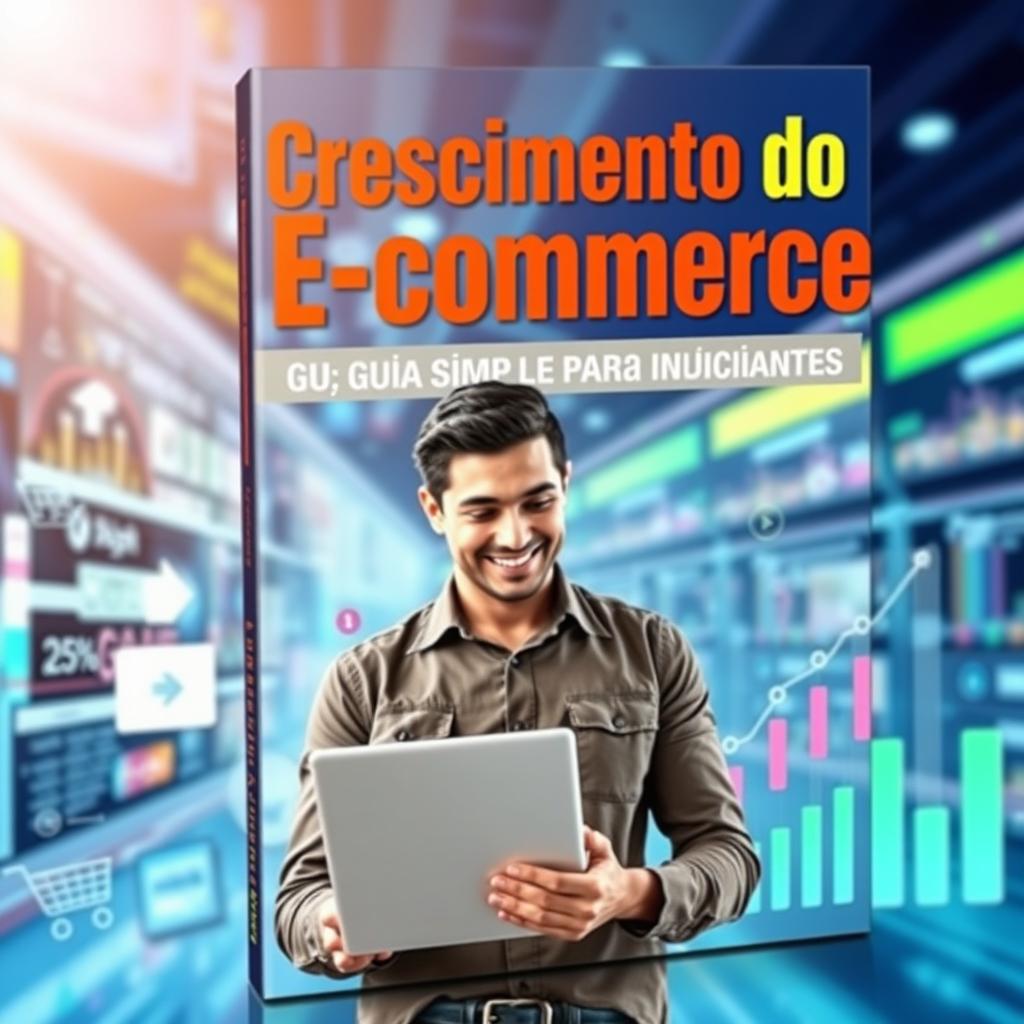 A visually compelling book cover featuring a modern and sleek design, centered around the theme of 'Crescimento do E-commerce: Guia Simples para Iniciantes'