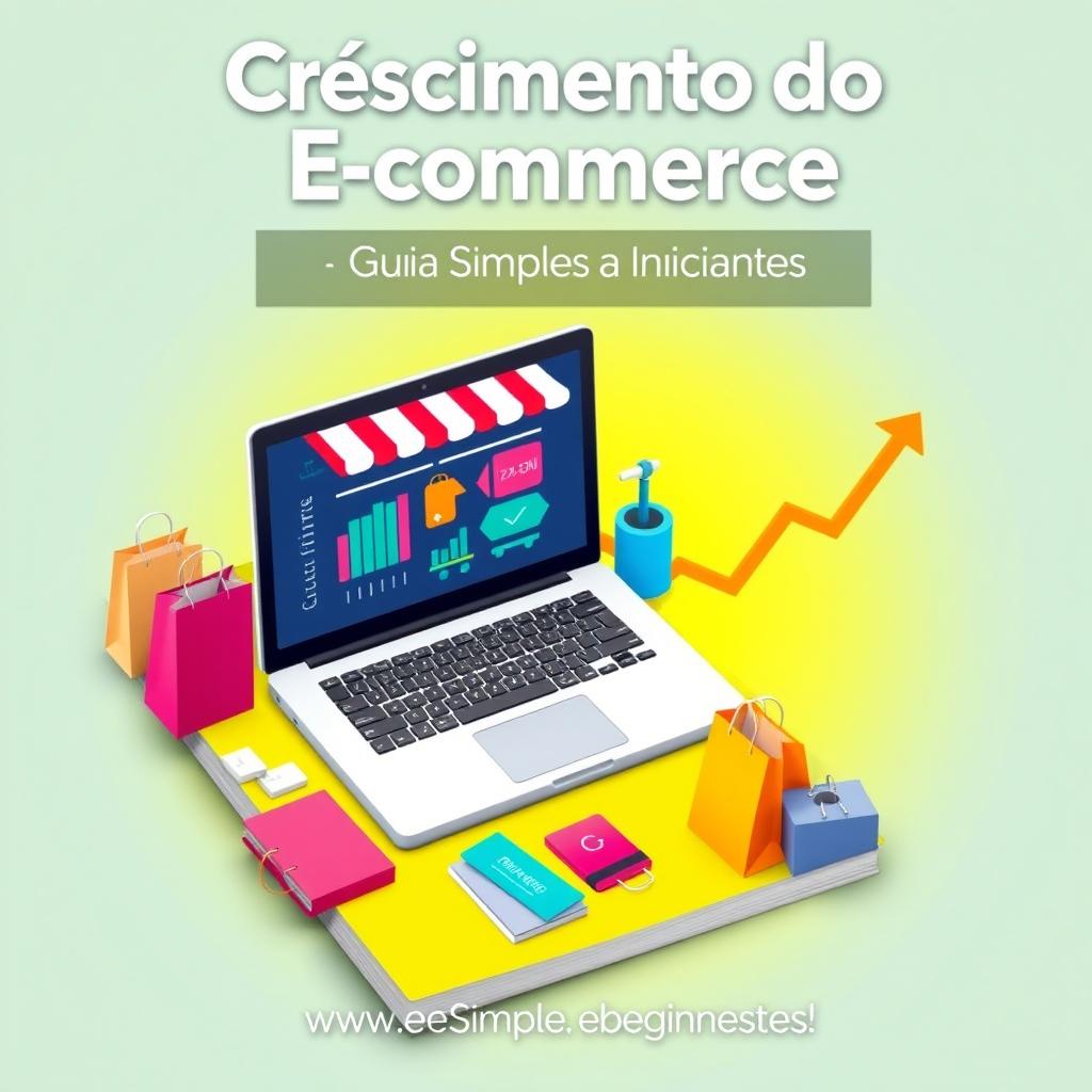 A vibrant book cover for the theme 'Crescimento do E-commerce: Guia Simples para Iniciantes'