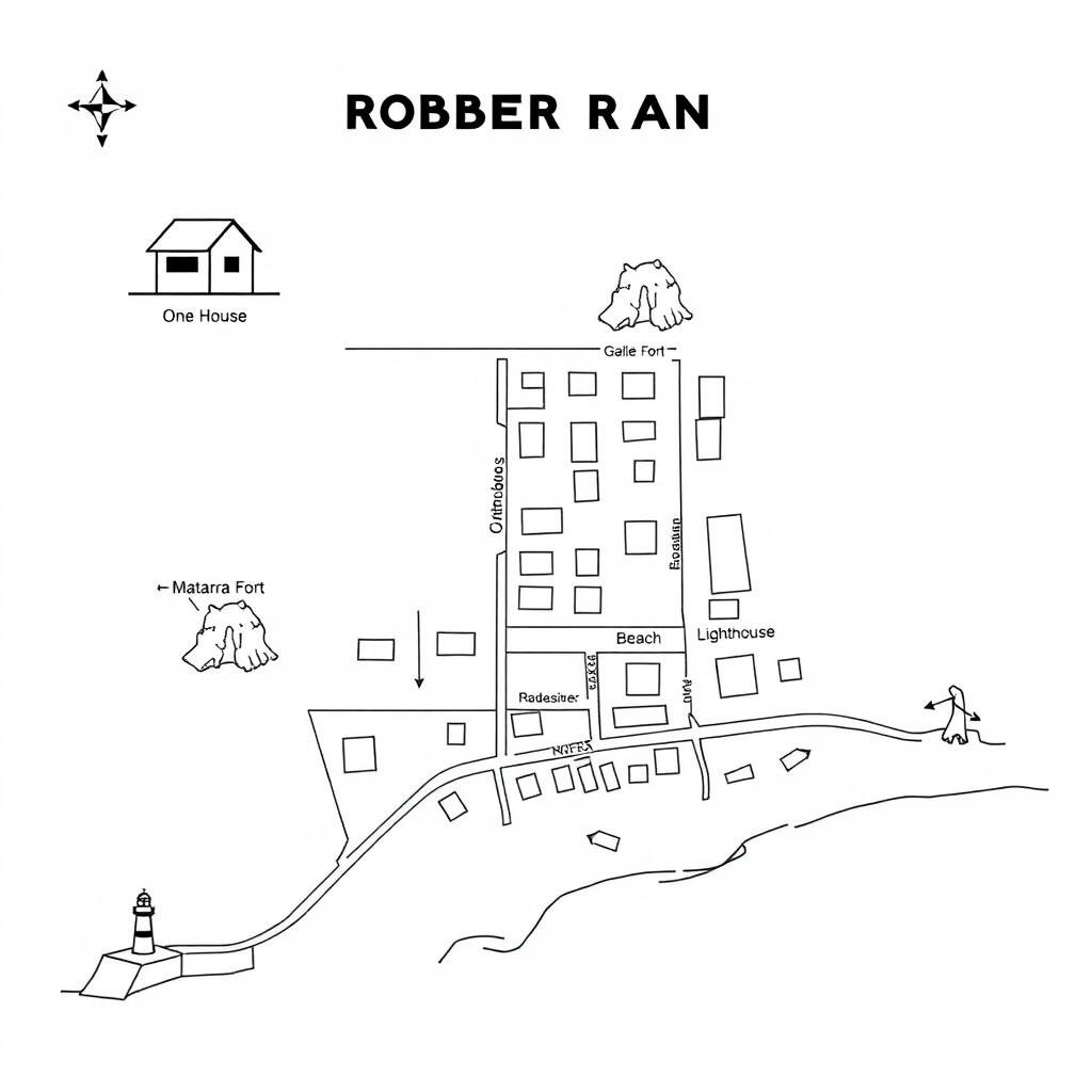 A clear and simple black and white urban road plan designed for a robbery scenario, showcasing a modern city layout