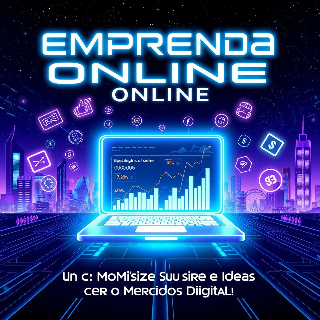 A futuristic-themed banner design for 'Empreenda Online: Como Monetizar Suas Ideias e Crescer no Mercado Digital'