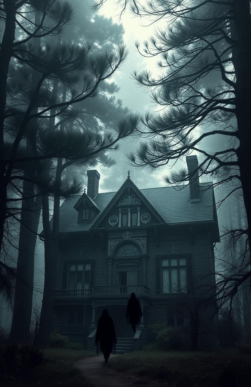 A hauntingly beautiful forest scene featuring an old Victorian house surrounded by towering whispering pines