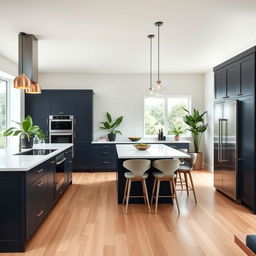 A bright and modern kitchen with a contemporary design, featuring an open layout that flows into the living room