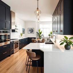 A bright and modern kitchen with a contemporary design, featuring an open layout that flows into the living room