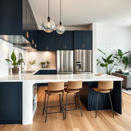 A bright and modern kitchen with a contemporary design, featuring an open layout that flows into the living room