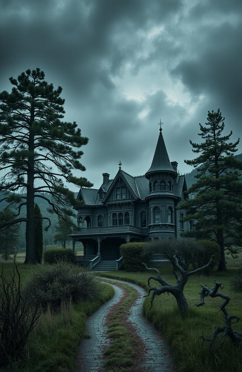 An old Victorian home, intricately designed with turrets and ornate details, standing majestically amidst towering pine trees and rolling hills