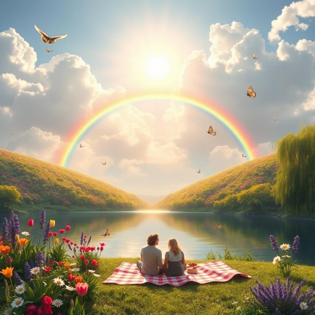 A serene landscape depicting a picturesque scene of heavenly bliss, with fluffy white clouds scattered across a soft blue sky, bathed in the warm golden light of the sun