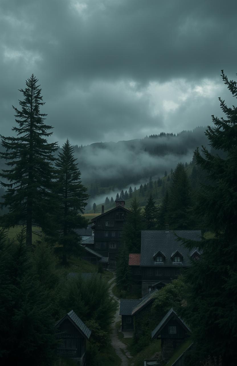 A secluded town nestled between towering pine trees and rolling hills, the architecture is old and rustic, with dark, moody colors emphasizing an ominous atmosphere