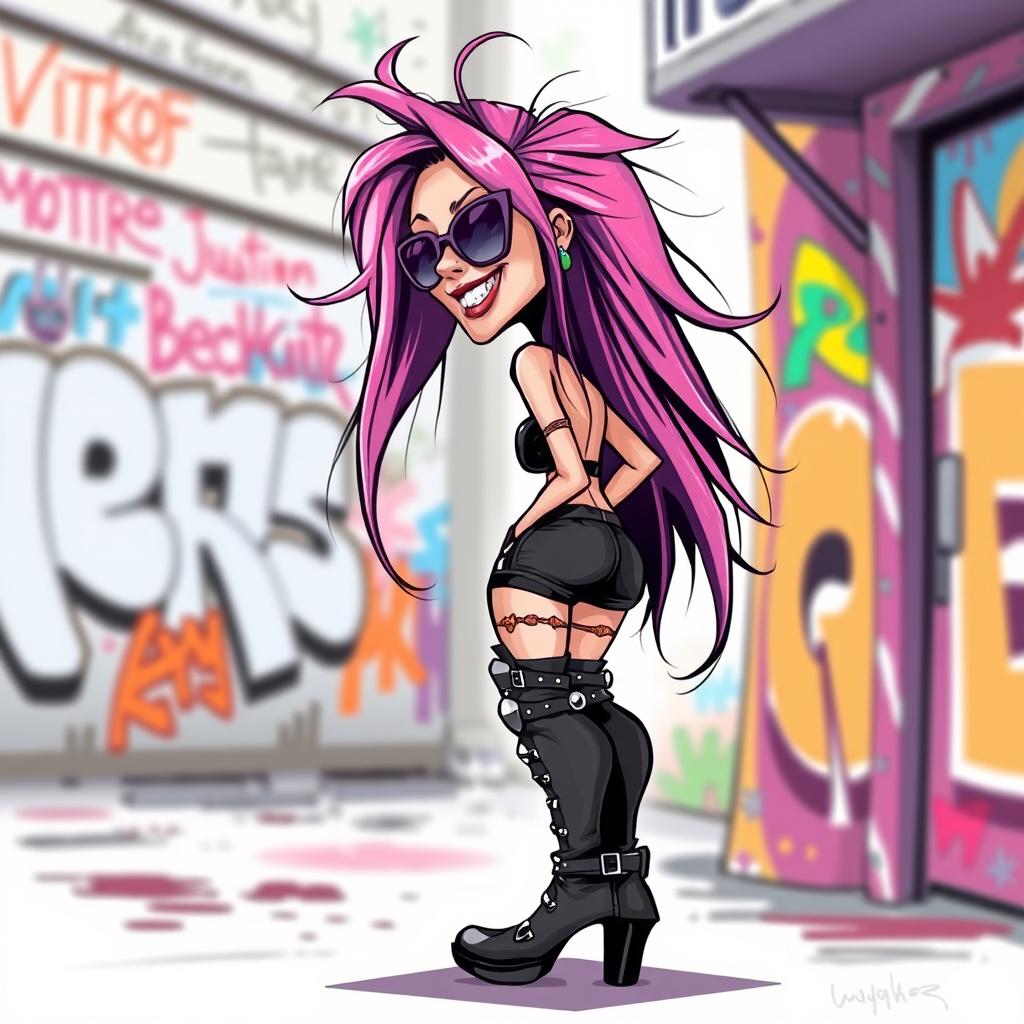 A whimsical caricature of a woman wearing knee-high rocker boots, standing with her body turned to the right