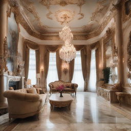 A meticulously decorated luxurious living room with plush sofas, glossy marble floors, a grand fireplace, high ceiling covered with crystal chandeliers, and walls displaying masterpiece paintings.