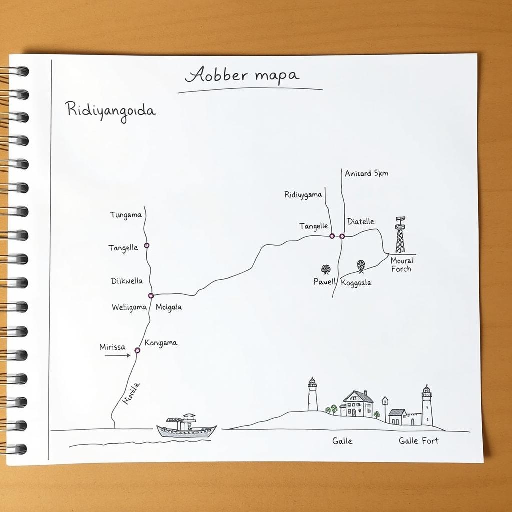 A clear and simple drawing plan for a robbery scenario, illustrating the bus route from the city 'Ridiyagama' to 'Ambalangoda', covering a distance of 5km