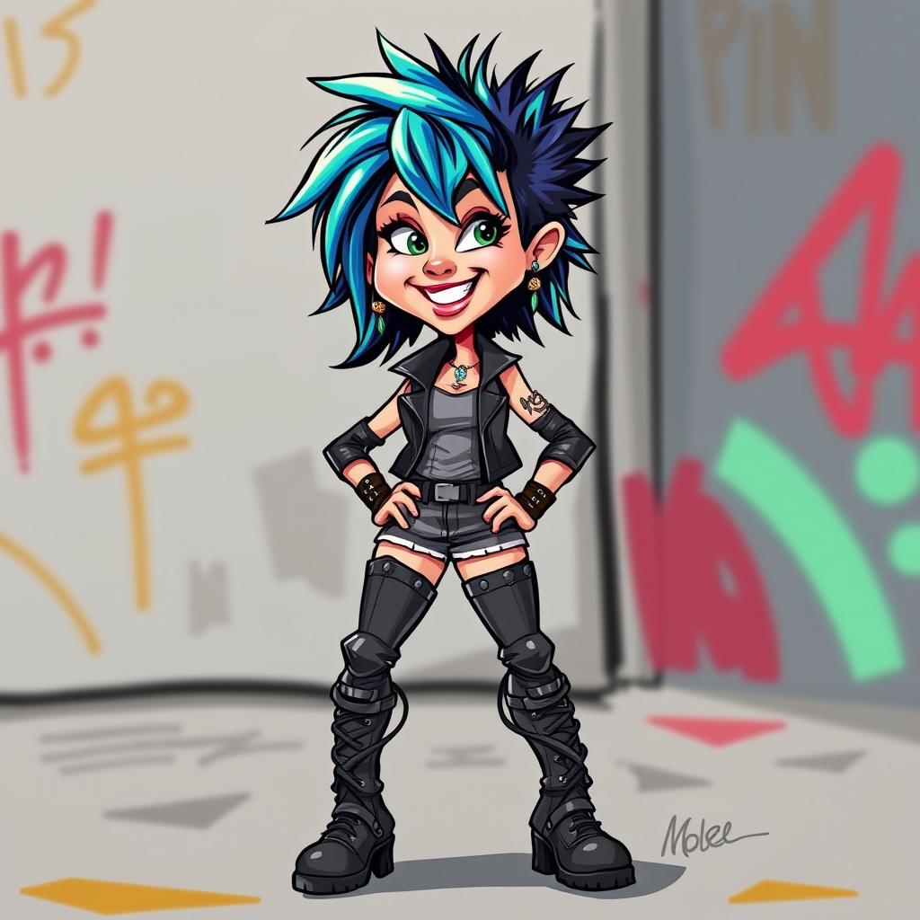 A fun caricature of a woman wearing knee-high rocker boots, standing confidently