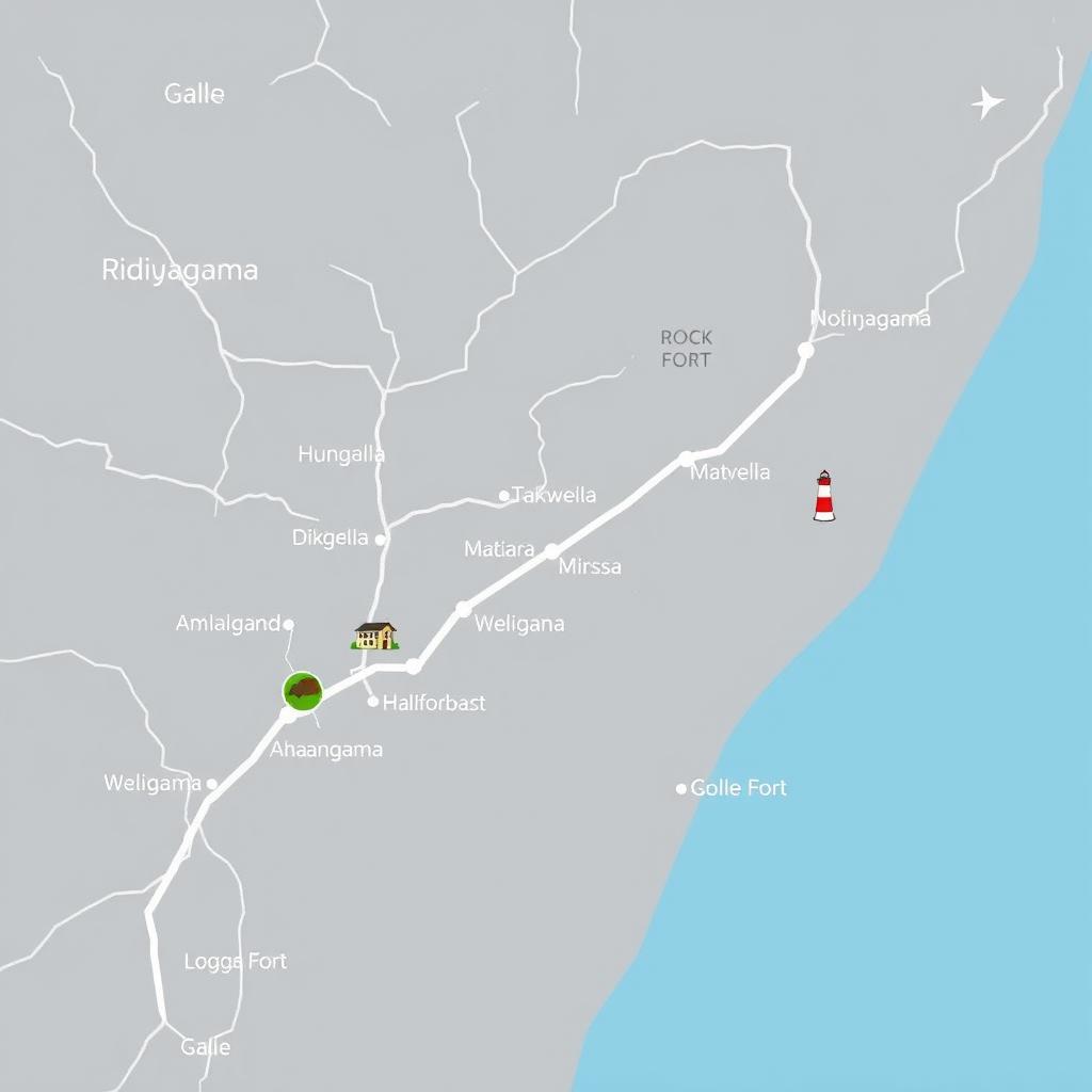 A clear and simple robbery map illustrating a bus route from 'Ridiyagama' to 'Ambalangoda', spanning a distance of 5km