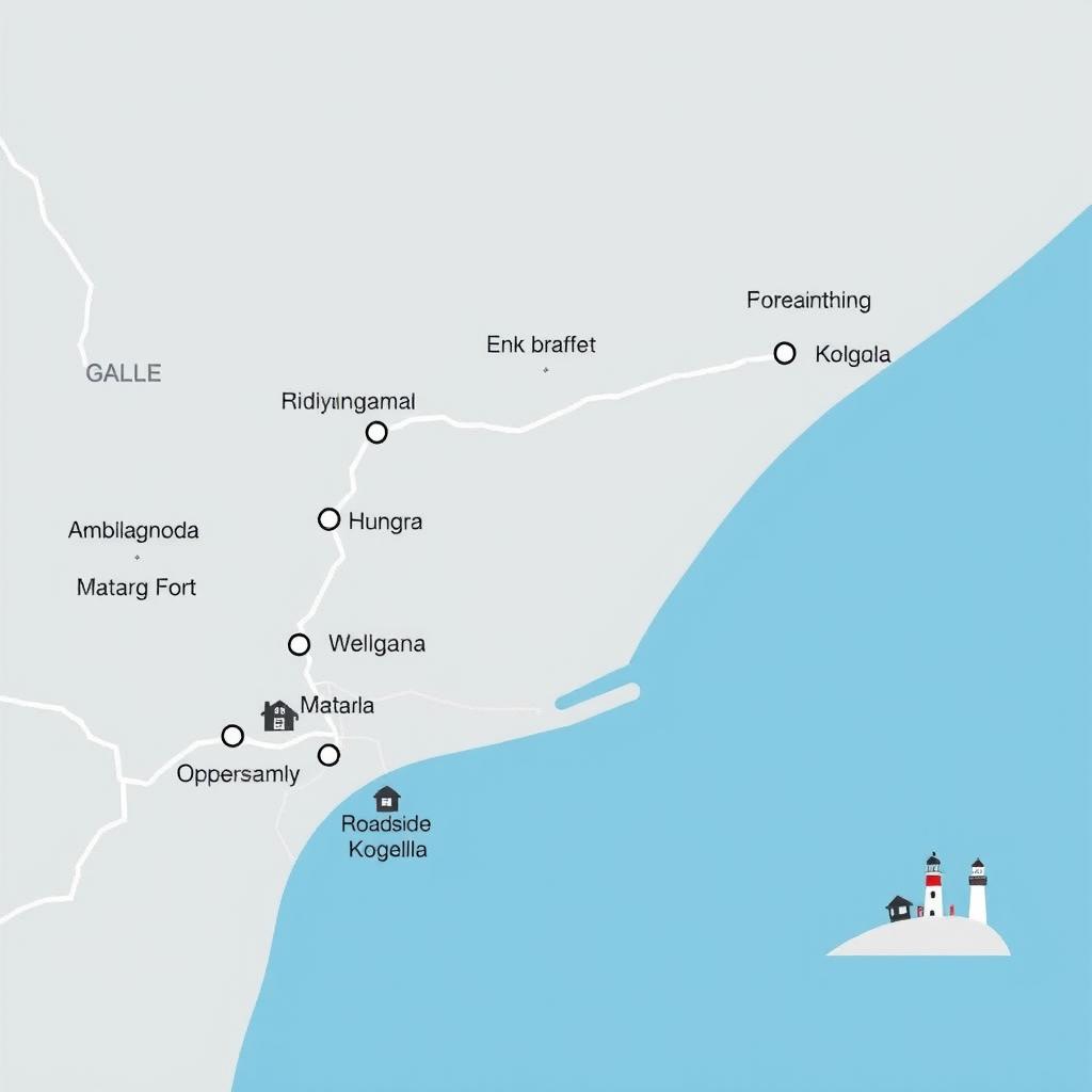 A clear and simple robbery map design, showing the bus route from 'Ridiyagama' to 'Ambalangoda' over a distance of 5km