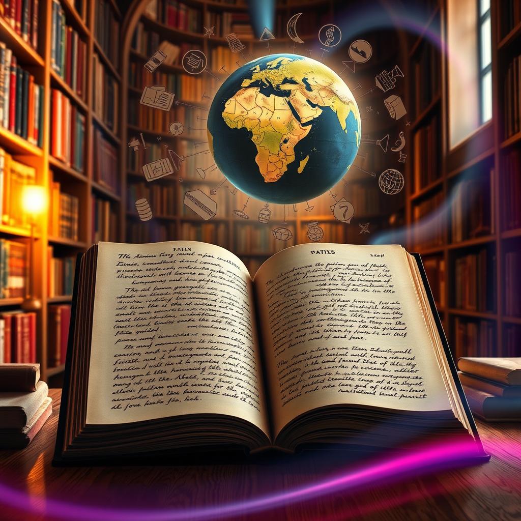 An artistic representation of a linguistics theme, featuring an open ancient book filled with beautiful handwritten scripts in various languages like Latin, Greek, and Arabic