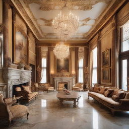 A meticulously decorated luxurious living room with plush sofas, glossy marble floors, a grand fireplace, high ceiling covered with crystal chandeliers, and walls displaying masterpiece paintings.