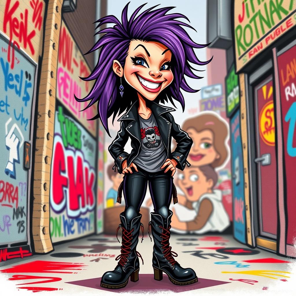 A lively caricature of a woman wearing knee-high rocker boots, standing with her knees pointed to the right, showcasing a stylish and confident stance