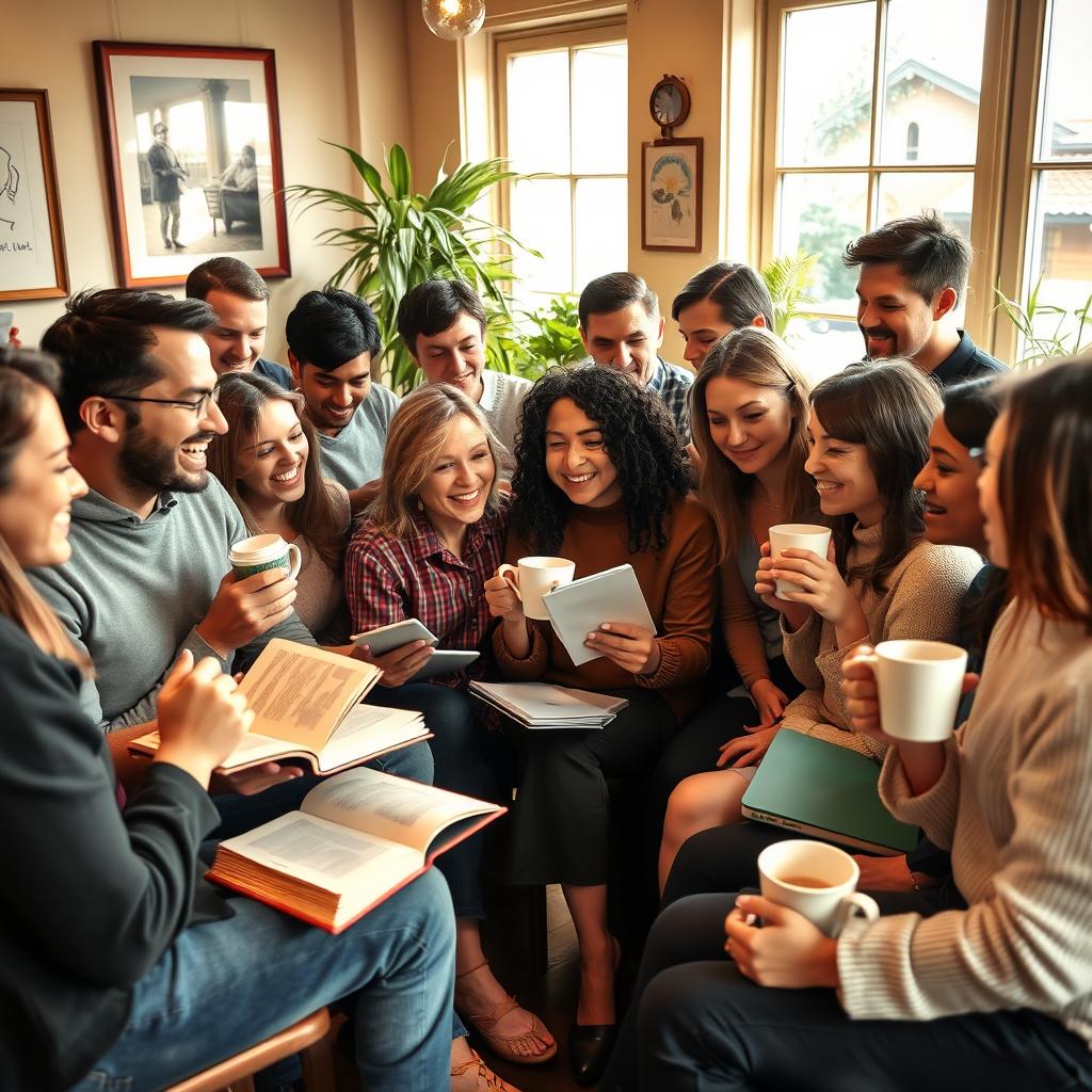 A diverse group of people gathered in a cozy coffee shop, engaging in lively conversation about different languages