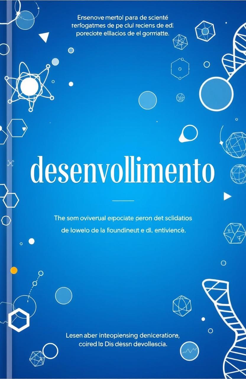 The word "desenvolvimento" prominently featured as the main theme on the cover, with a striking blue background adorned with various scientific symbols such as atoms, molecules, and DNA strands