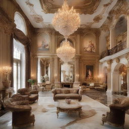 A meticulously decorated luxurious living room with plush sofas, glossy marble floors, a grand fireplace, high ceiling covered with crystal chandeliers, and walls displaying masterpiece paintings.