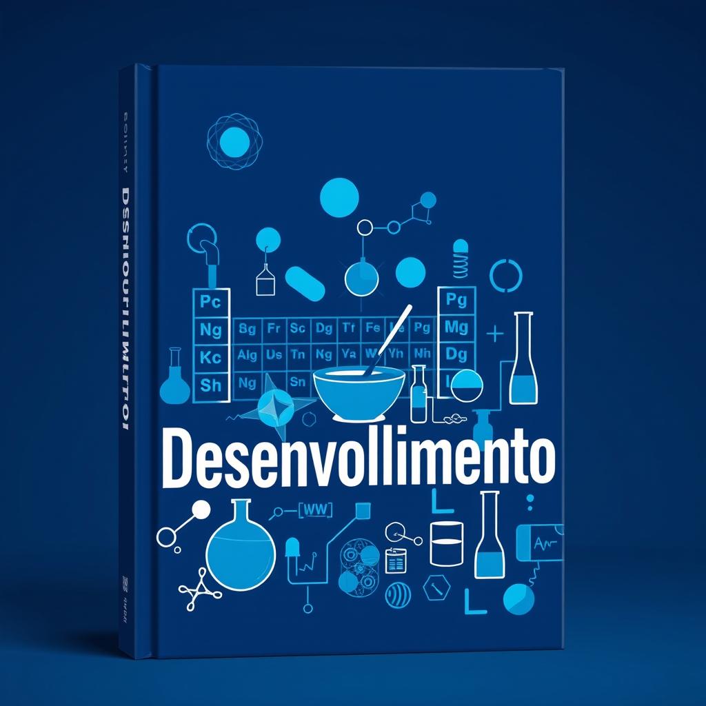 A striking book cover design for the theme "Desenvolvimento" (Development), featuring prominent symbols of science related to chemistry and pharmacy