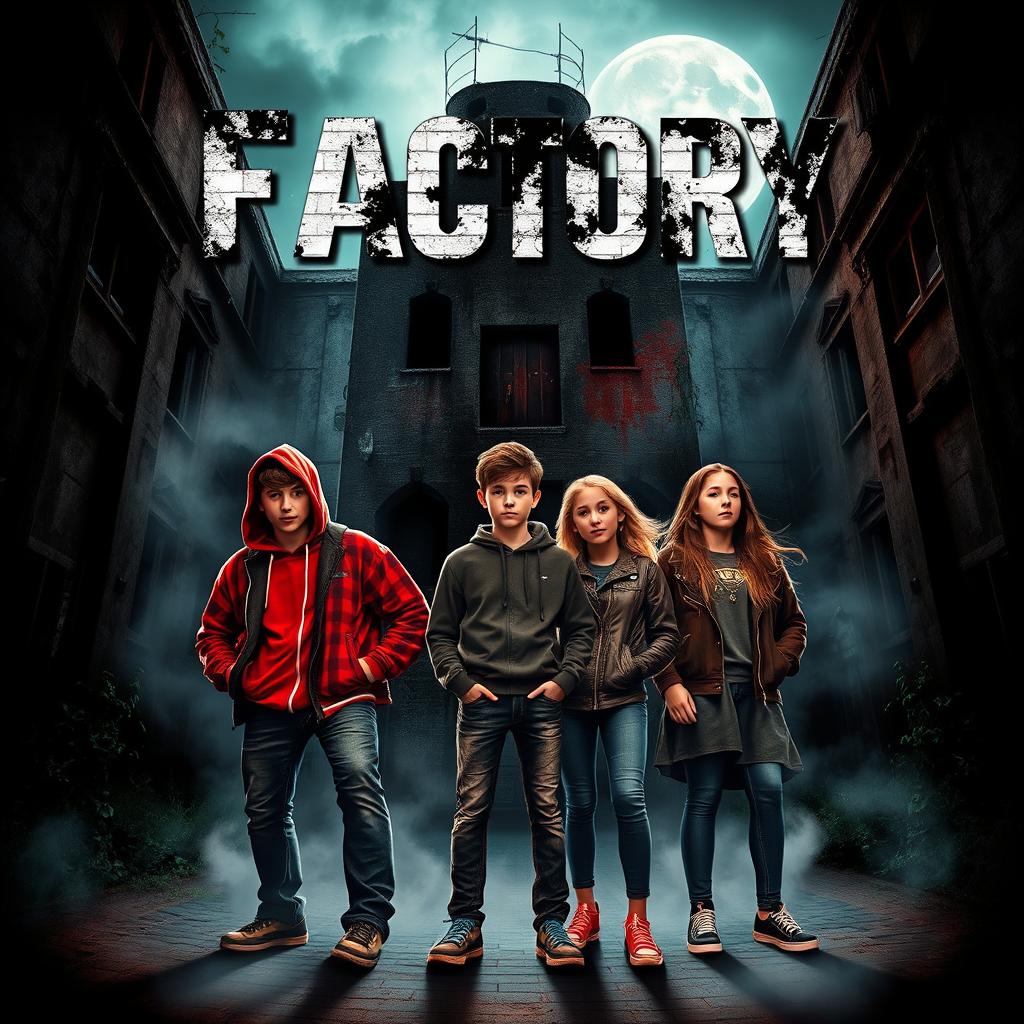 A thrilling book cover design for a horror novel featuring five adventurous teenagers: three boys and two girls