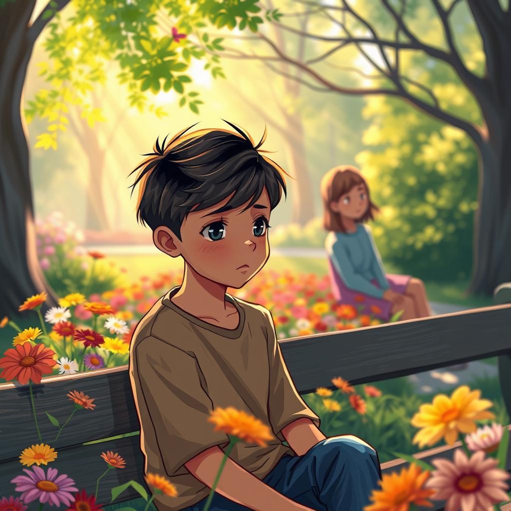 A scene depicting a boy who has been emotionally impacted by a girl, set in a vibrant and expressive art style
