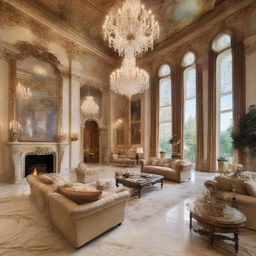 A meticulously decorated luxurious living room with plush sofas, glossy marble floors, a grand fireplace, high ceiling covered with crystal chandeliers, and walls displaying masterpiece paintings.